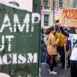A photo of a Stamp Out Racism graffiti alongside a photo of an anti-racism demonstration.