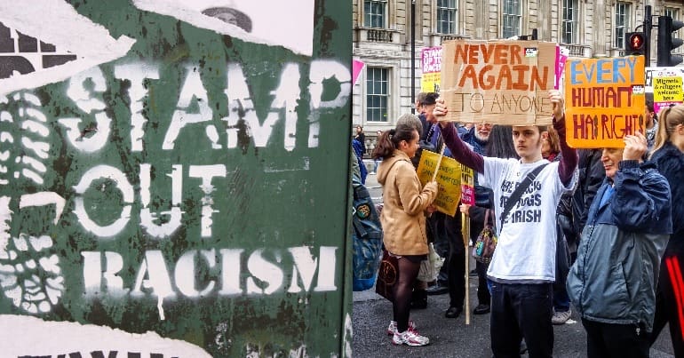 A photo of a Stamp Out Racism graffiti alongside a photo of an anti-racism demonstration.