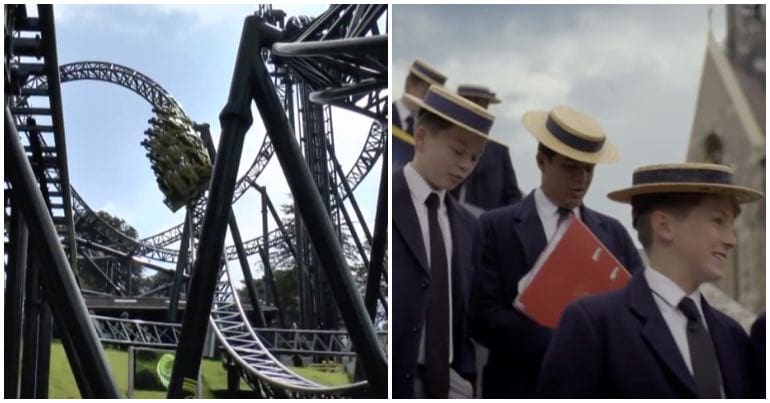 A rollercoaster pictured next to boys from the private school Harrow