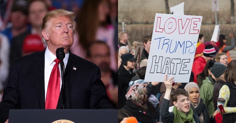 A picture of Donald Trump alongside protestors holding a banner that says "Love Trumps Hate".