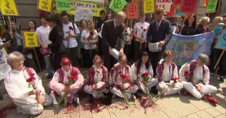 A photo of climate activists outside of the Irish parliament covered in fake blood