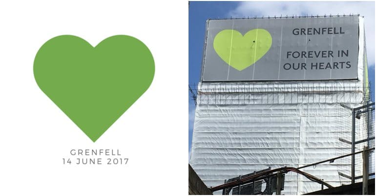 Grenfell Tower heart and Grenfell Tower covered in heart banner