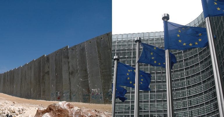 A photo of the Israeli separation barrier and a photo of EU flags