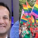 A photo of Irish prime minister Leo Varadkar and a photo of people marching the with the LGBTQI+ rainbow flag.