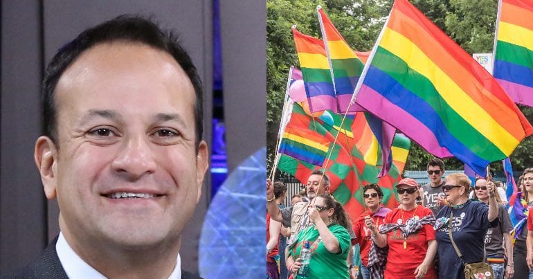 A photo of Irish prime minister Leo Varadkar and a photo of people marching the with the LGBTQI+ rainbow flag.
