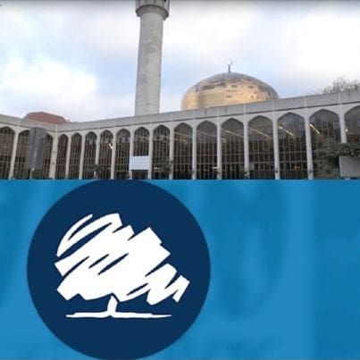 Regent's Park Mosque and logos of Conservative Party, BBC and Sky News