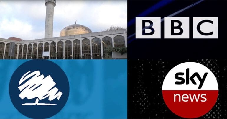 Regent's Park Mosque and logos of Conservative Party, BBC and Sky News