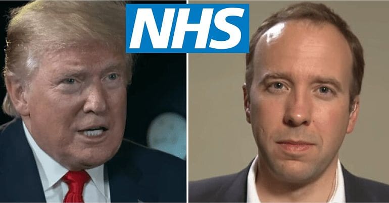 Donald Trump and Matt Hancock and the NHS logo