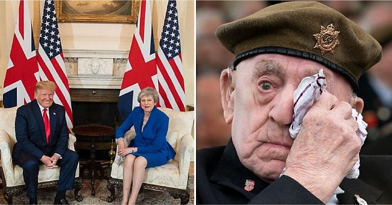 Donald Trump with Theresa May and a WW2 Veteran crying