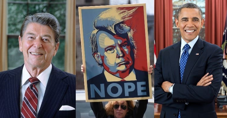 A photo of Ronald Reagan, a protestor holding up a "Nope" sign with Donald Trump's face, and a photo of Barrack Obama