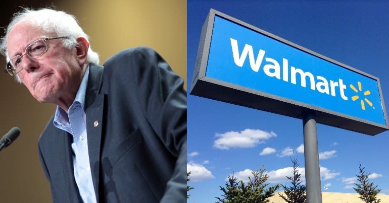 Photo of Bernie Sanders and a photo of a Walmart sign.