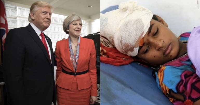 Donald Trump with Theresa May and a young child injured in Yemen