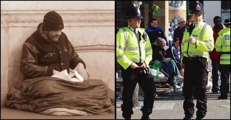 An image of a homeless man beside an image of police officers