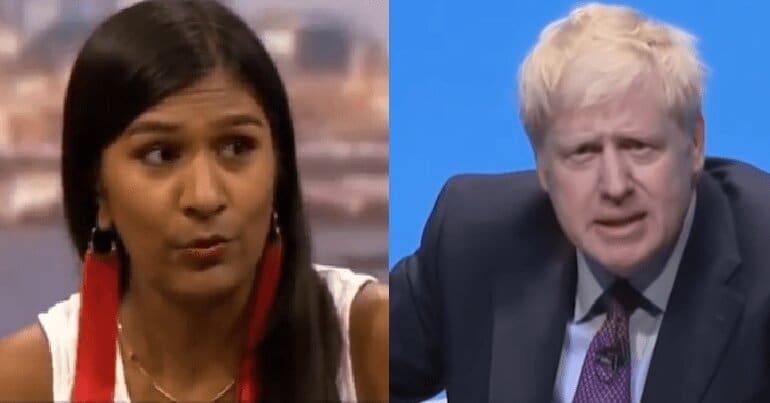 Ash Sarkar and Boris Johnson
