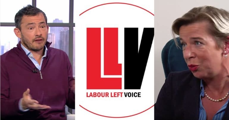 Giles Coren, the Labour Left Voice logo, and Katie Hopkins