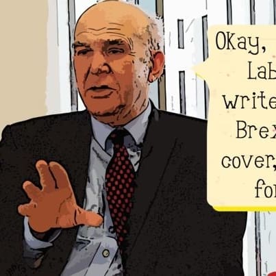 Vince Cable saying: "Okay, so let's copy Labour's plan, write 'bollocks to Brexit' on the cover, then break for brunch"