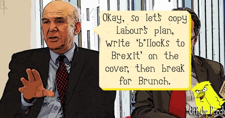 Vince Cable saying: "Okay, so let's copy Labour's plan, write 'bollocks to Brexit' on the cover, then break for brunch"