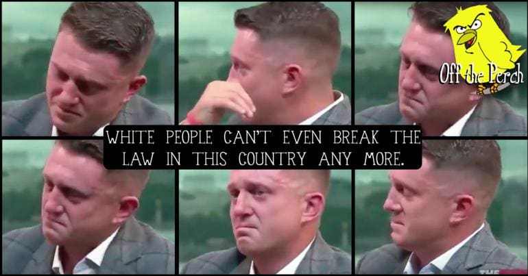 Images of Tommy Robinson crying with the phrase 'White people can't even break the law in this country any more' written over it