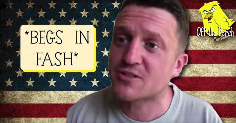 Tommy Robinson in front of a US flag