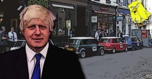 Boris Johnson in front of three minis