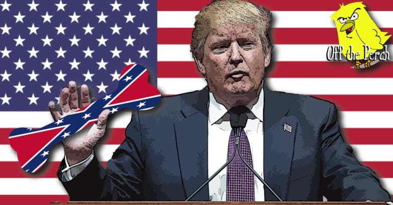 Trump holding a bone with the Confederate flag on it