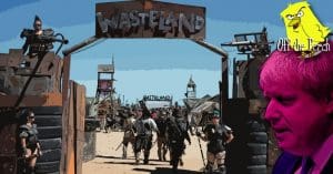 Boris Johnson in front of a post-apocalytpic Mad Max land
