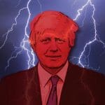 A red Boris Johnson with lightning behind him