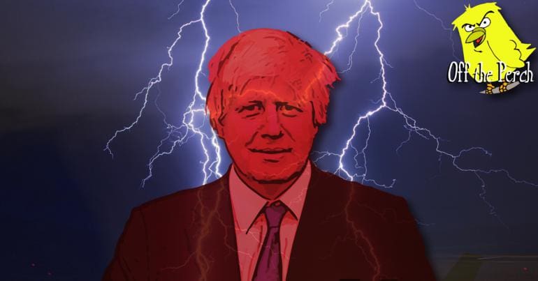 A red Boris Johnson with lightning behind him