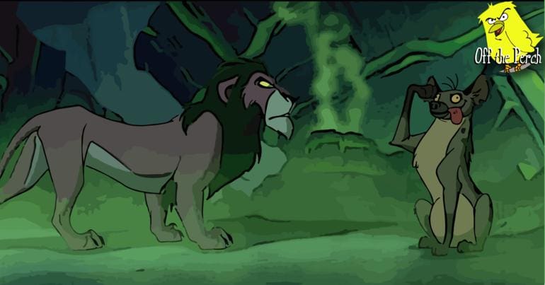 Scar from The Lion King facing a saluting hyena