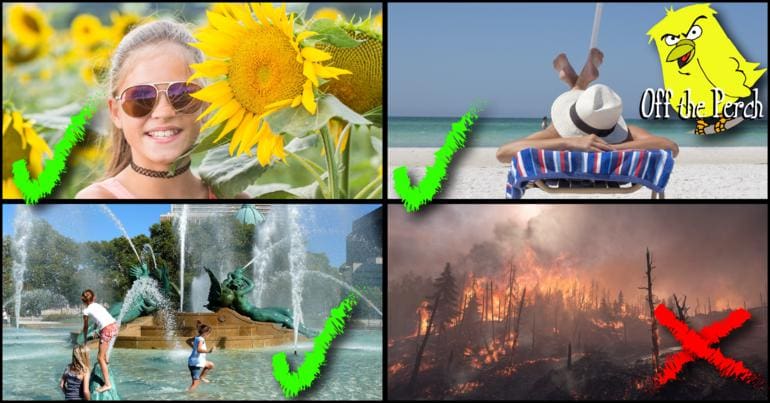 Images or people enjoying the sunshine with green ticks by them, and then an image of a forest fire with a red cross