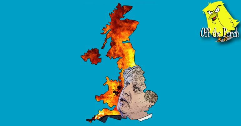 Boris Johnson's face inside a flaming map of the United Kingdom