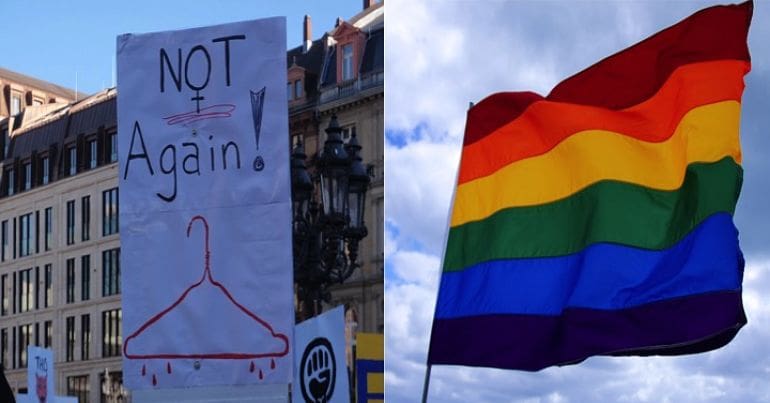 Anti abortion poster and LGBTQI+ flaf