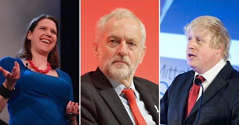 Jo Swinson, Jeremy Corbyn and Boris Johnson