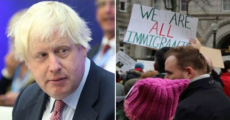 Boris Johnson and pro-immigration banner