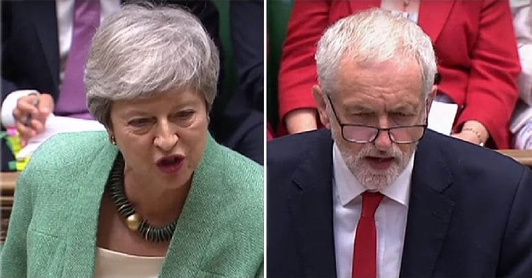 Theresa May and Jeremy Corbyn at PMQs