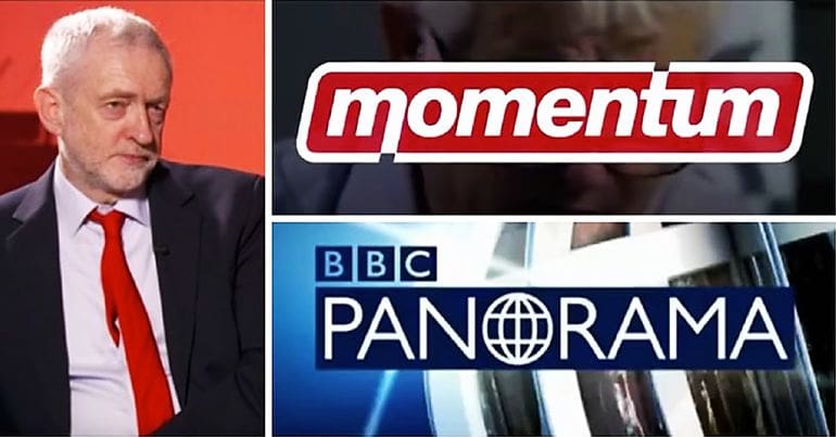 Jeremy Corbyn with Momentum and Panorama logos