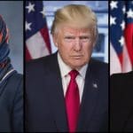 Images of Ilhan Omar, Donald Trump, and Alexandria Ocasio-Cortez