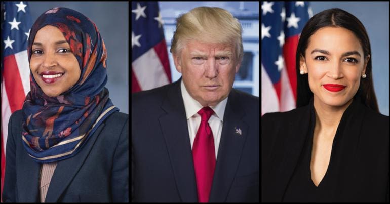 Images of Ilhan Omar, Donald Trump, and Alexandria Ocasio-Cortez