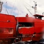 Fishing vessel hauling in a shark