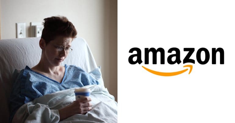 Woman in hospital bed and amazon logo