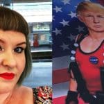 Siobhan Prigent and a placard of Trump