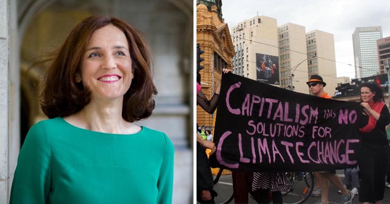 Theresa Villiers and a banner reading "capitalism has no solutions for climate change"