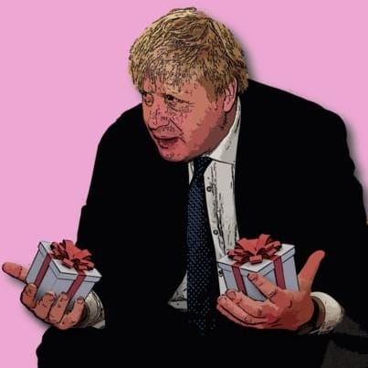 Boris Johnson holding two gift boxes and saying "Have you never heard of re-gifting?"