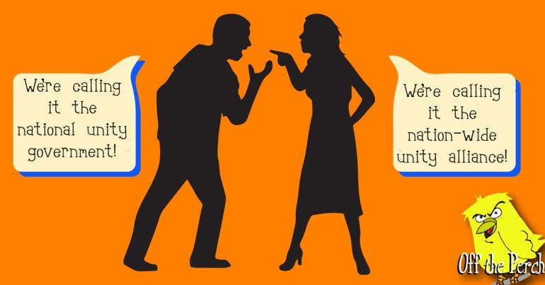 A man and a woman arguing over what the government of national unity should be called