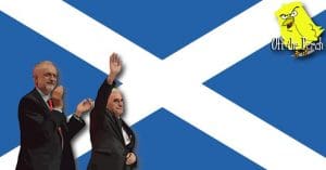 Jeremy Corbyn and John McDonnell in front of the Saltire waving