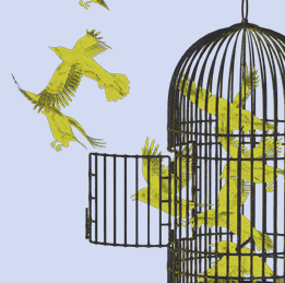Stylised image of Kerry Anne Mendoza and a bird cage with canaries flying out of it