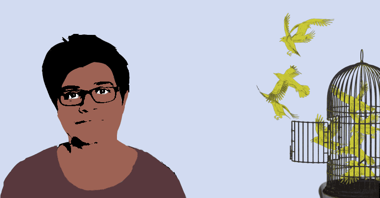 Stylised image of Kerry Anne Mendoza and a bird cage with canaries flying out of it