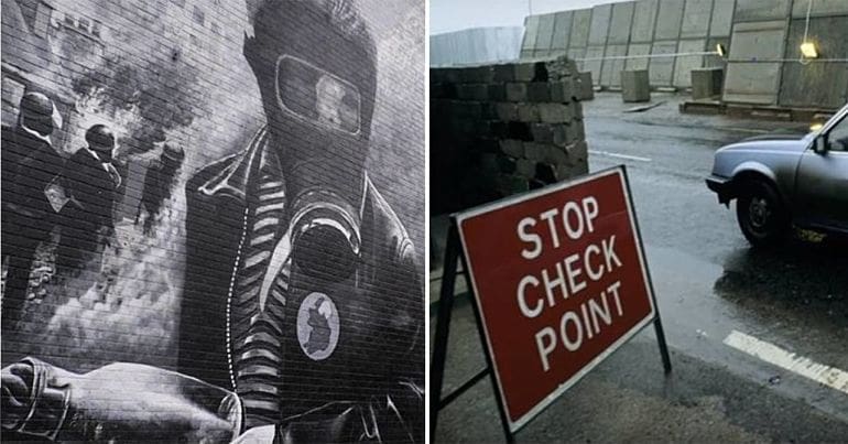 Bogside riot mural and border customs checkpoint