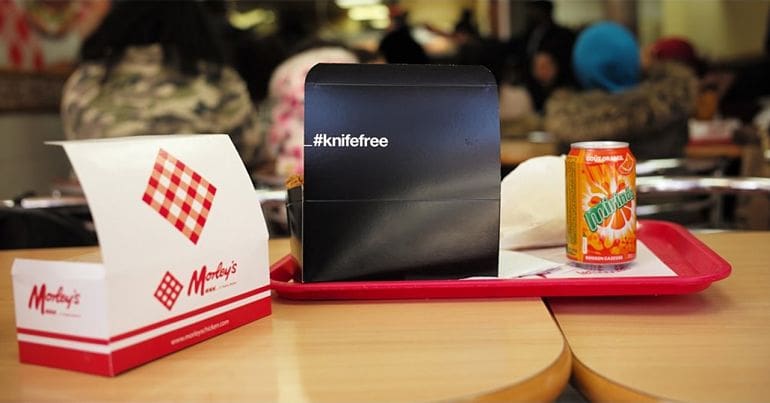 Fried chicken box with #knifefree branding