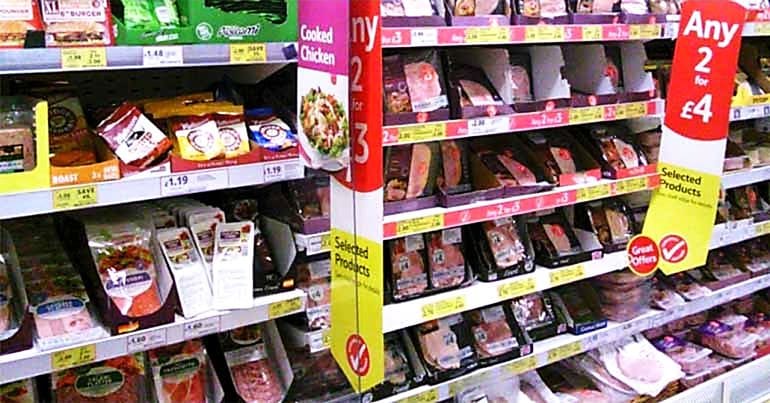 Meat products on supermarket shelves